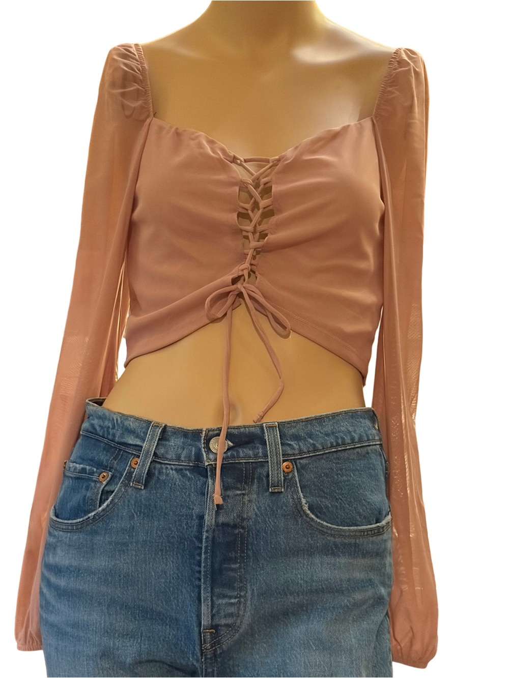 NWT Forever 21 Dusty Rose Mesh Corset Crop Top Lace Up Puff Sleeve Large